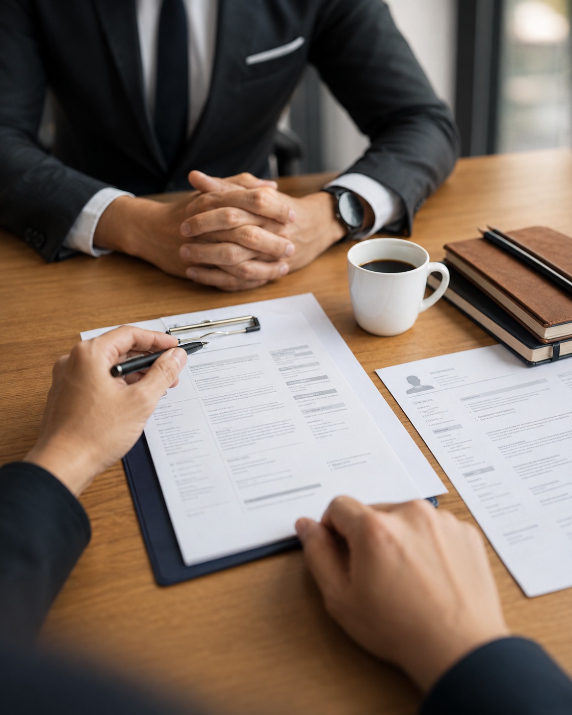 Recruiter bespreekt een cv met een kandidaat aan tafel