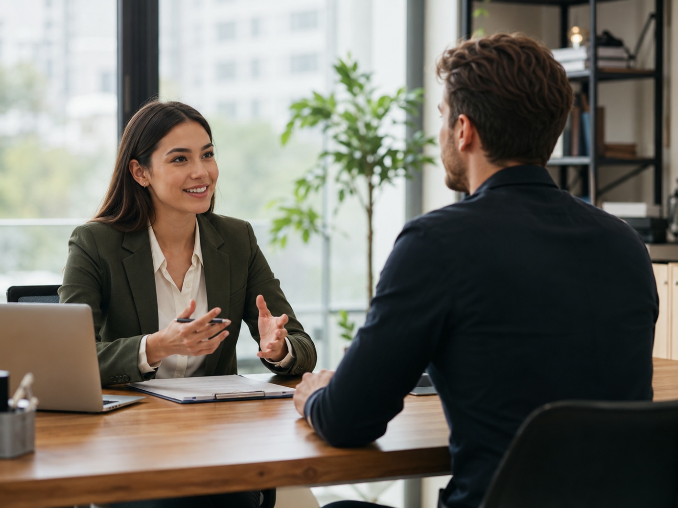 Kennismakingsgesprek tussen recruiter en kandidaat op kantoor