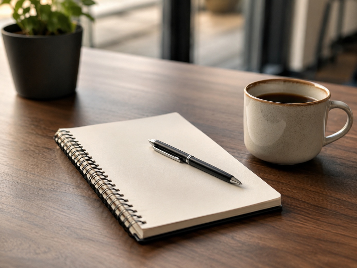Notitieboek met pen en een kop koffie, klaar voor de gespreksvoorbereiding