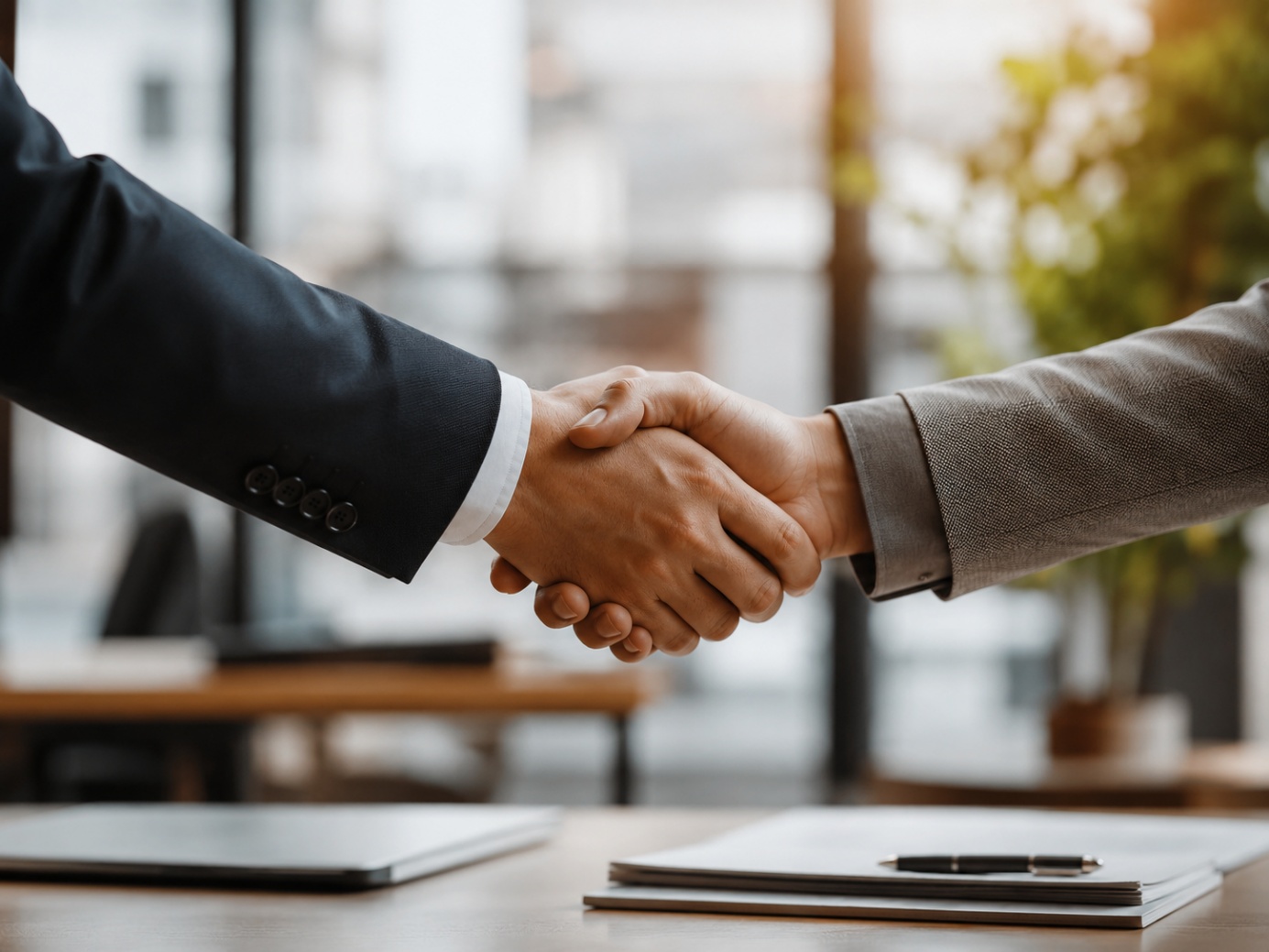 Twee mensen schudden elkaar de hand boven een contract