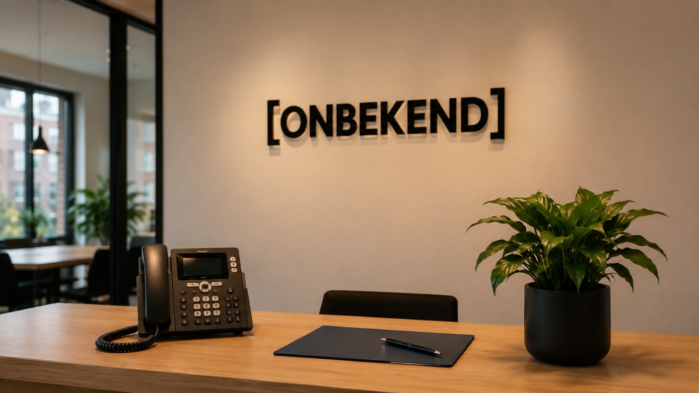 Receptiebalie van ons kantoor, met het logo aan de muur