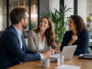 Drie collega's in overleg aan een vergadertafel